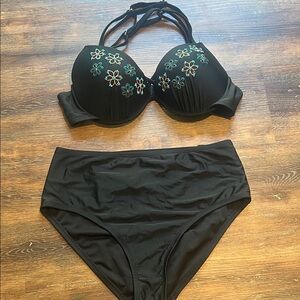 Black Floral Embroidered Bikini Set